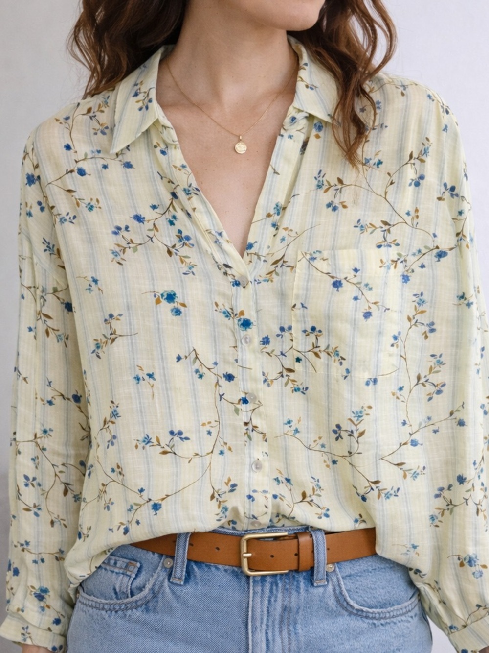 J.‎ Jill Yellow Button-Up Shirt Blue Floral Semi Sheer Striped Med Cottagecore